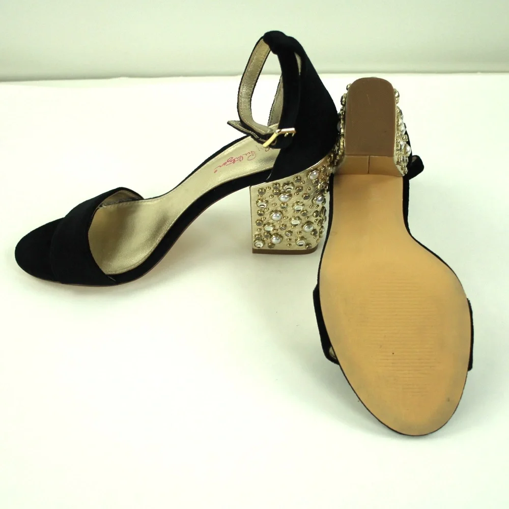 Lilly Pulitzer Amber Lynn Black Velvet Faux Pearl Rhinestone Block Heel Sandal 7